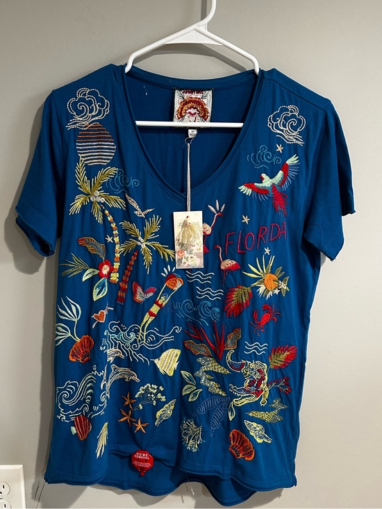 Johnny Was Tops - NWT Johnny Was Florida Everyday Tee Teal Embroidered XS 100% cotton